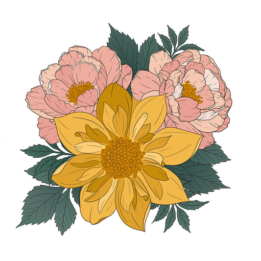 A stylized floral illustration featuring a large golden-yellow flower in front of two blush pink peonies, with dark green leaves on a plain white background.