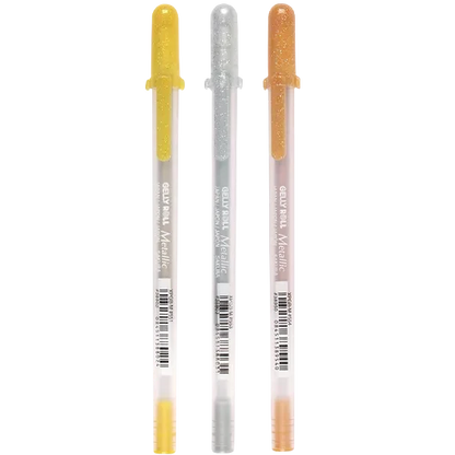 Three pens with colored tips on a white background