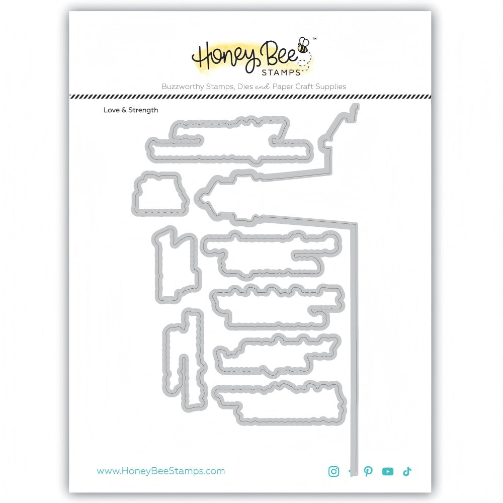 Metal die cut shapes with 'Love & Strength' text on a white background, branded with Honey Bee Stamps.