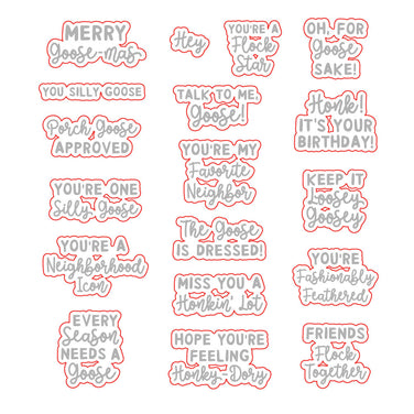 Silly Goose coordinating dies by Honey Bee Stamps, die outlines around each goose sentiment from the stamp set