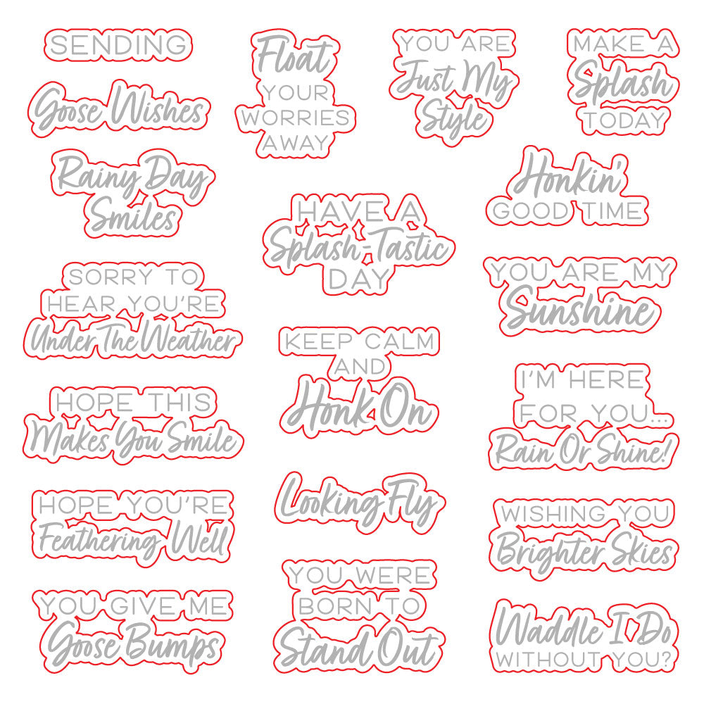 Rainy Day Smiles coordinating dies by Honey Bee Stamps, die outlines around each sentiment from the stamp set