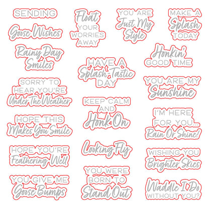 Rainy Day Smiles coordinating dies by Honey Bee Stamps, die outlines around each sentiment from the stamp set