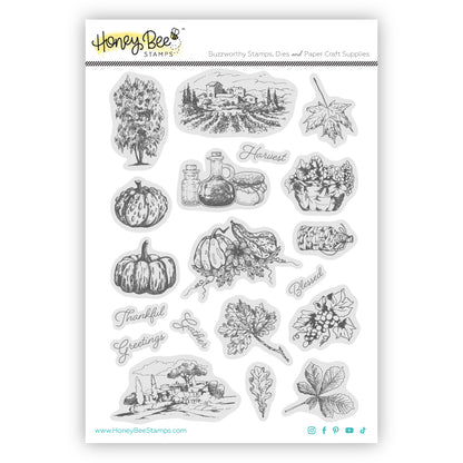 Honey Bee Stamps clear stamp set with various autumn-themed illustrations on a white background.