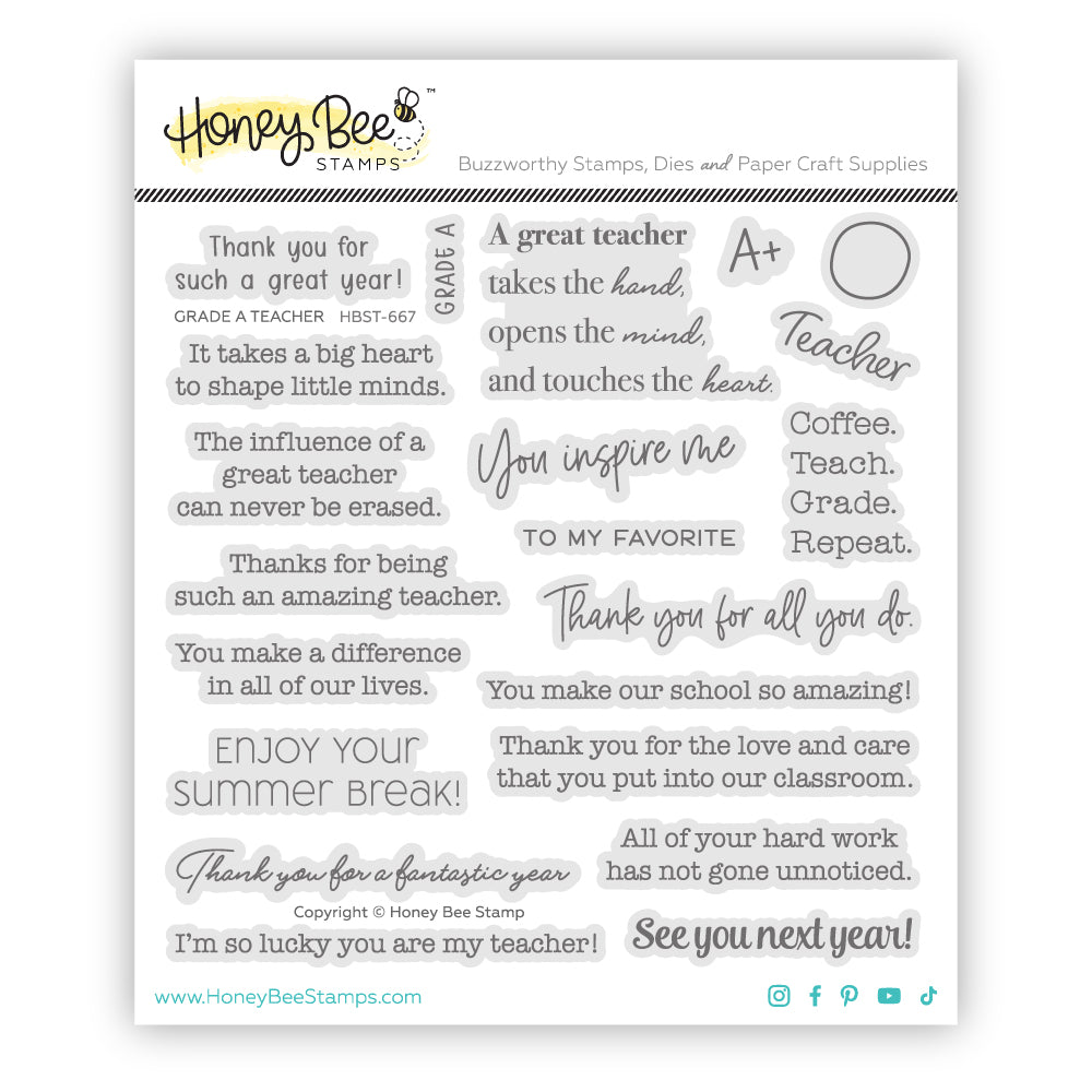 Honey Bee Stamps with various phrases and text on a white background