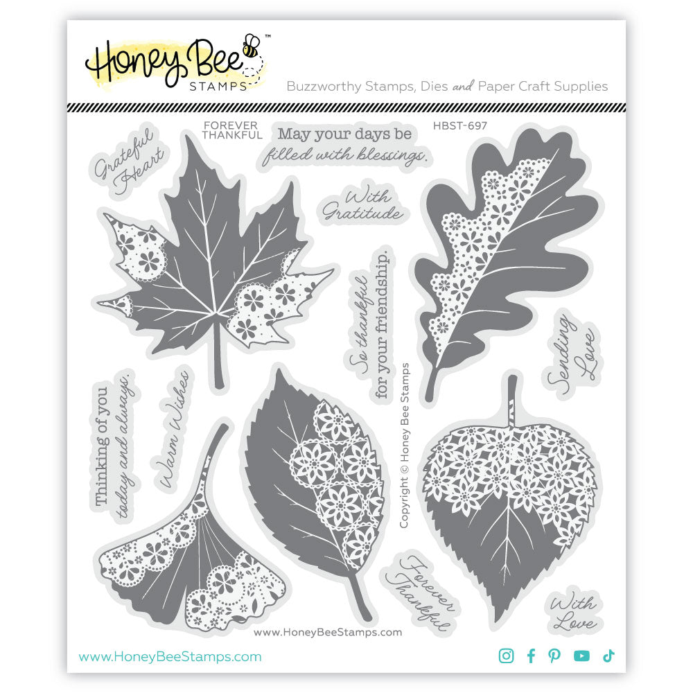 Honey Bee Stamps 'Buzzworthy Stamps, Dies and Paper Craft Supplies' first kit sheet featuring six different leaf-shaped stamp designs in gray and white, with various engraved words and phrases on a white background.