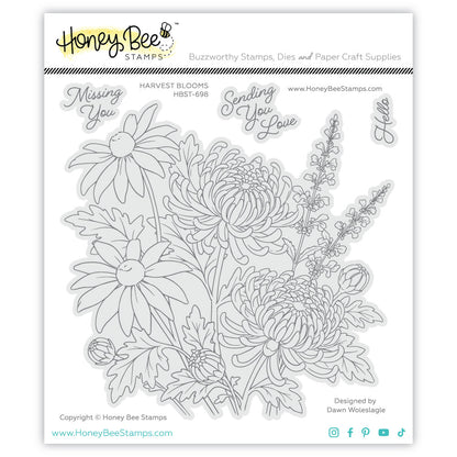 Honey Bee Stamps clear stamp sheet featuring floral line art designs including daisies, chrysanthemums, and wildflowers, with coordinating script phrases such as 'Missing You' and 'Sending You Love' on a white background.