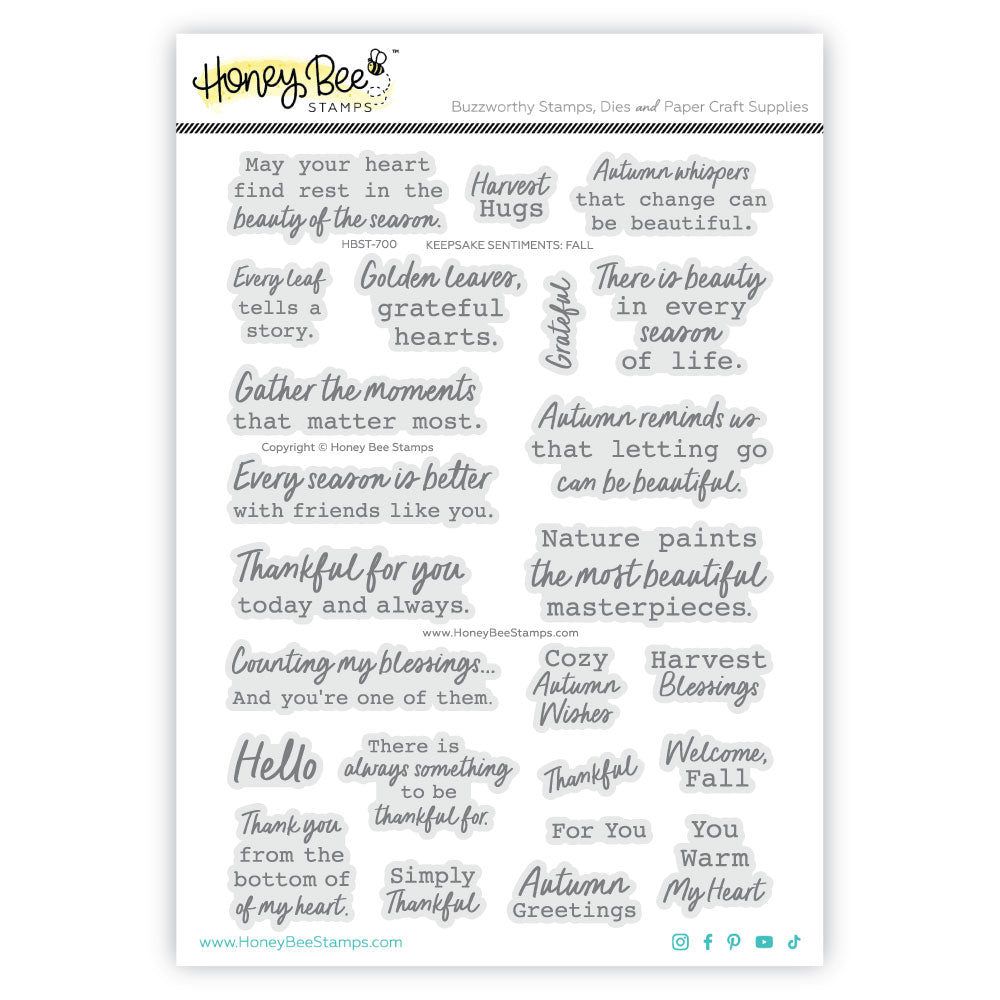 A sheet of clear stamp designs from Honey Bee Stamps called 'Buzzywitty Stamps', featuring various autumn-themed phrases and quotes in gray lettering on a white background.