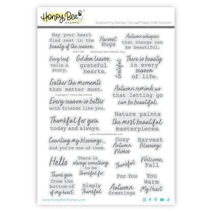 A sheet of clear stamp designs from Honey Bee Stamps called 'Buzzywitty Stamps', featuring various autumn-themed phrases and quotes in gray lettering on a white background.