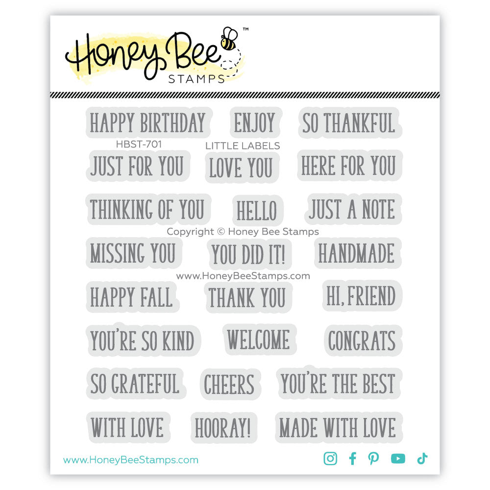 A sheet of Honey Bee Stamps clear labels with various birthday and thank-you phrases, shown on a white background with the Honey Bee Stamps logo at the top.