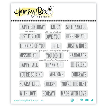 A sheet of Honey Bee Stamps clear labels with various birthday and thank-you phrases, shown on a white background with the Honey Bee Stamps logo at the top.