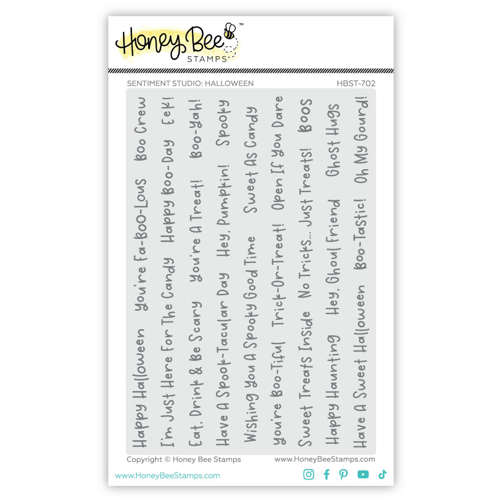Honey Bee Stamps 'Sentiment Studio' Halloween clear stamp sheet, model HBST-702, featuring various spooky-themed words and phrases printed vertically in black text on a white sheet.