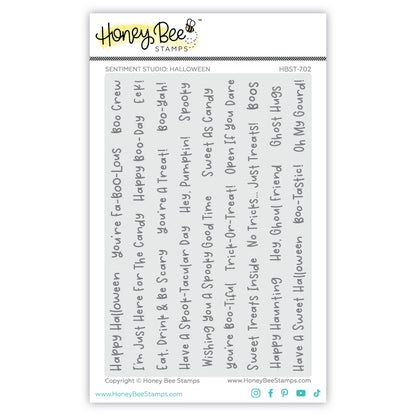 Honey Bee Stamps 'Sentiment Studio' Halloween clear stamp sheet, model HBST-702, featuring various spooky-themed words and phrases printed vertically in black text on a white sheet.