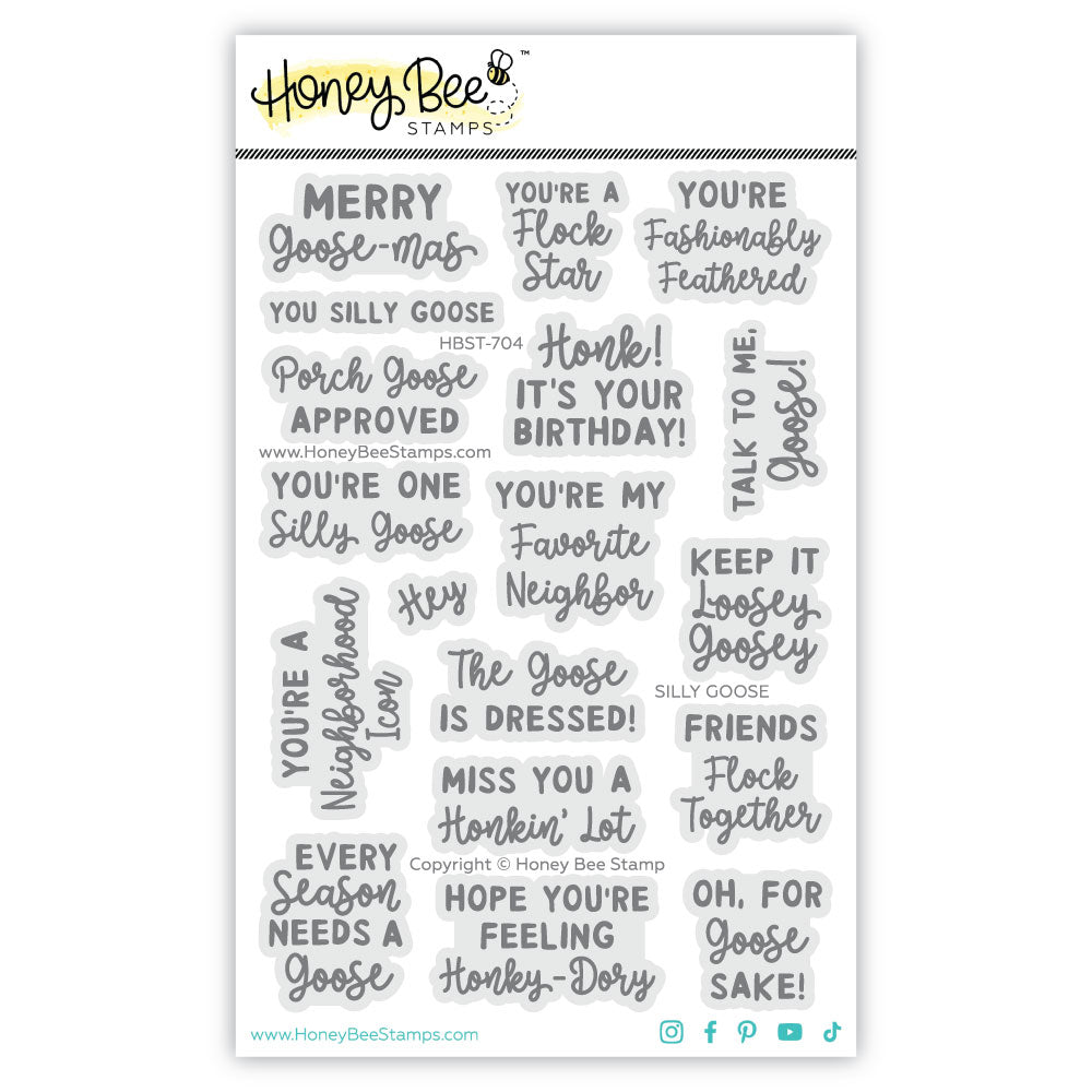 Silly Goose 4x6 photopolymer stamp set by Honey Bee Stamps, packaged stamp sheet of goose sentiments