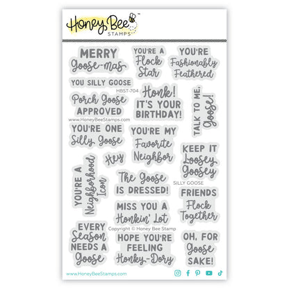 Silly Goose 4x6 photopolymer stamp set by Honey Bee Stamps, packaged stamp sheet of goose sentiments