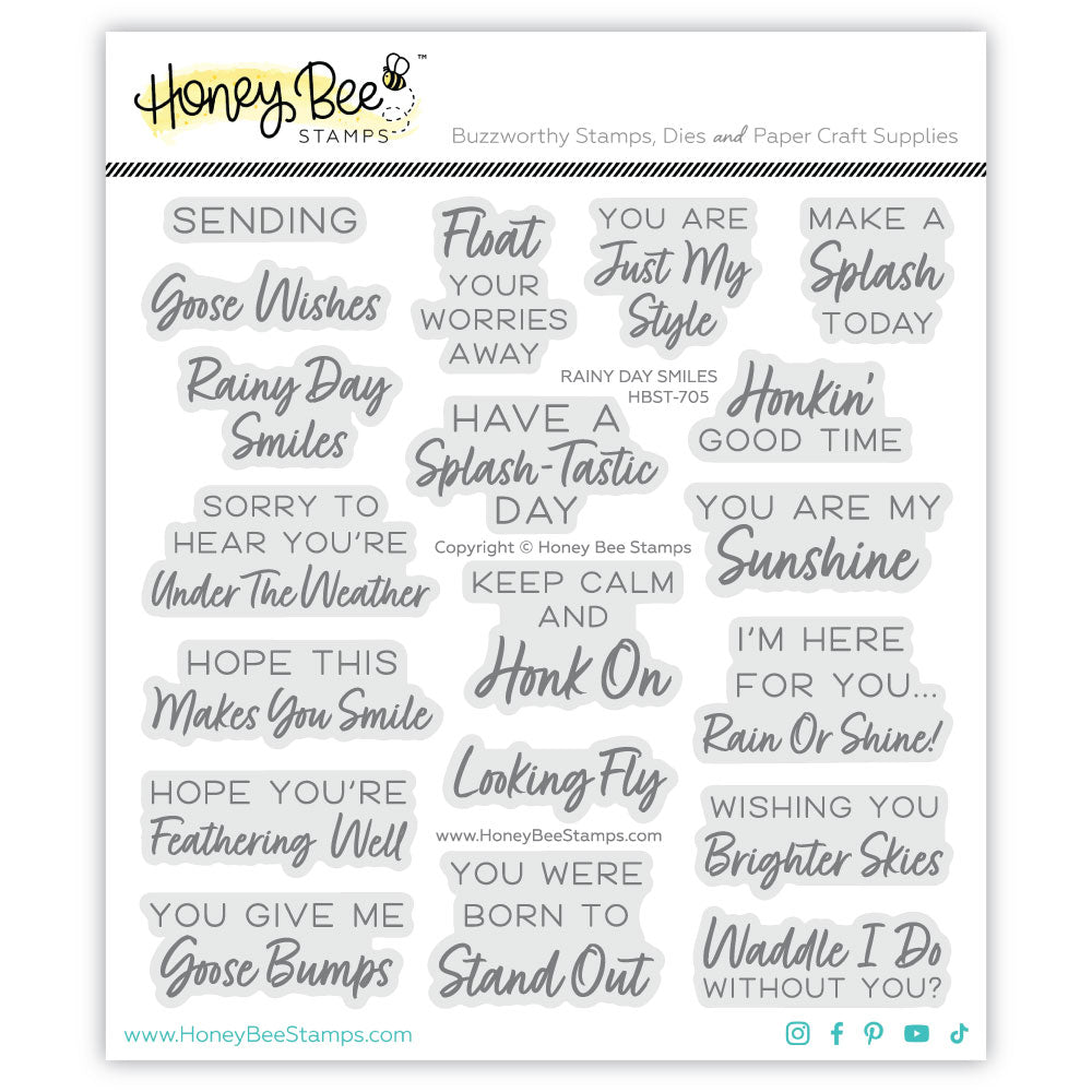 Rainy Day Smiles 6x6 photopolymer stamp set by Honey Bee Stamps, packaged stamp sheet of rainy day sentiments