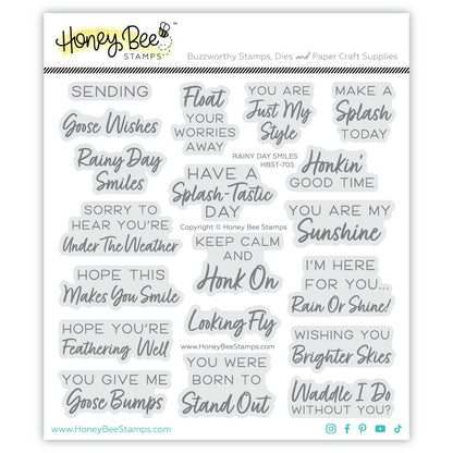 Rainy Day Smiles 6x6 photopolymer stamp set by Honey Bee Stamps, packaged stamp sheet of rainy day sentiments