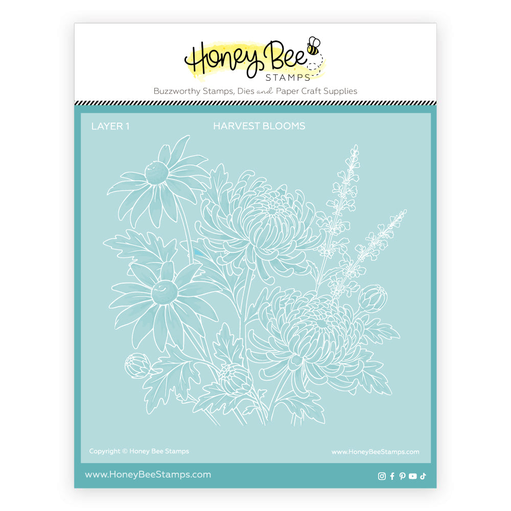 Honey Bee Stamps 'Harvest Blooms' Layer 1 clear stamp sheet, featuring white floral line art on a light blue backing card.
