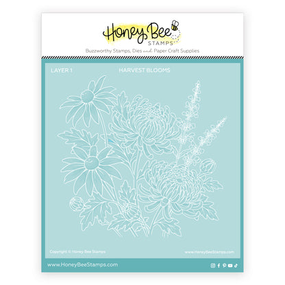 Honey Bee Stamps 'Harvest Blooms' Layer 1 clear stamp sheet, featuring white floral line art on a light blue backing card.