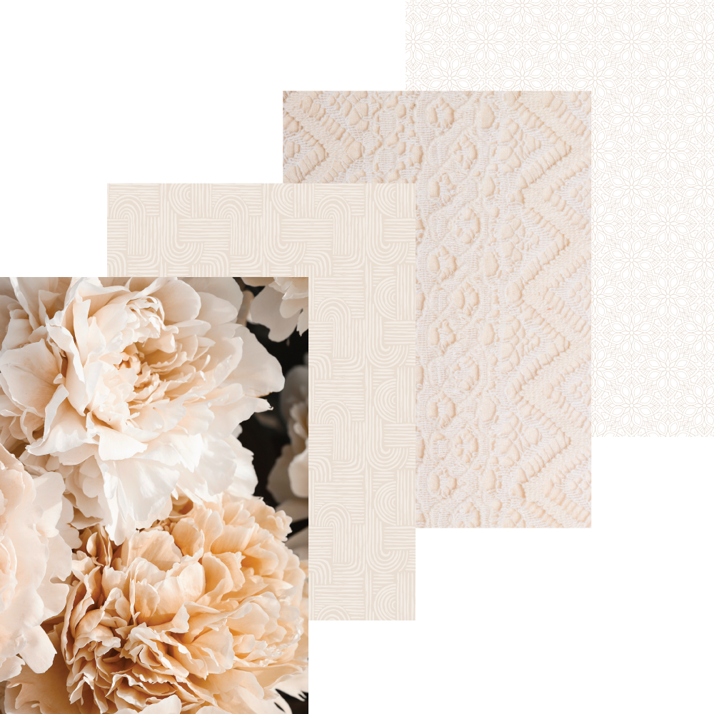 Collage of beige flowers and textured fabric swatches on a white background