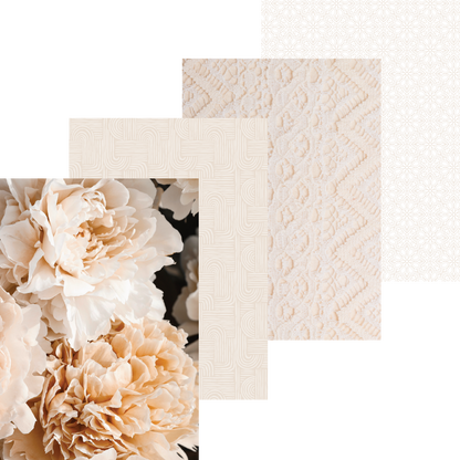 Collage of beige flowers and textured fabric swatches on a white background