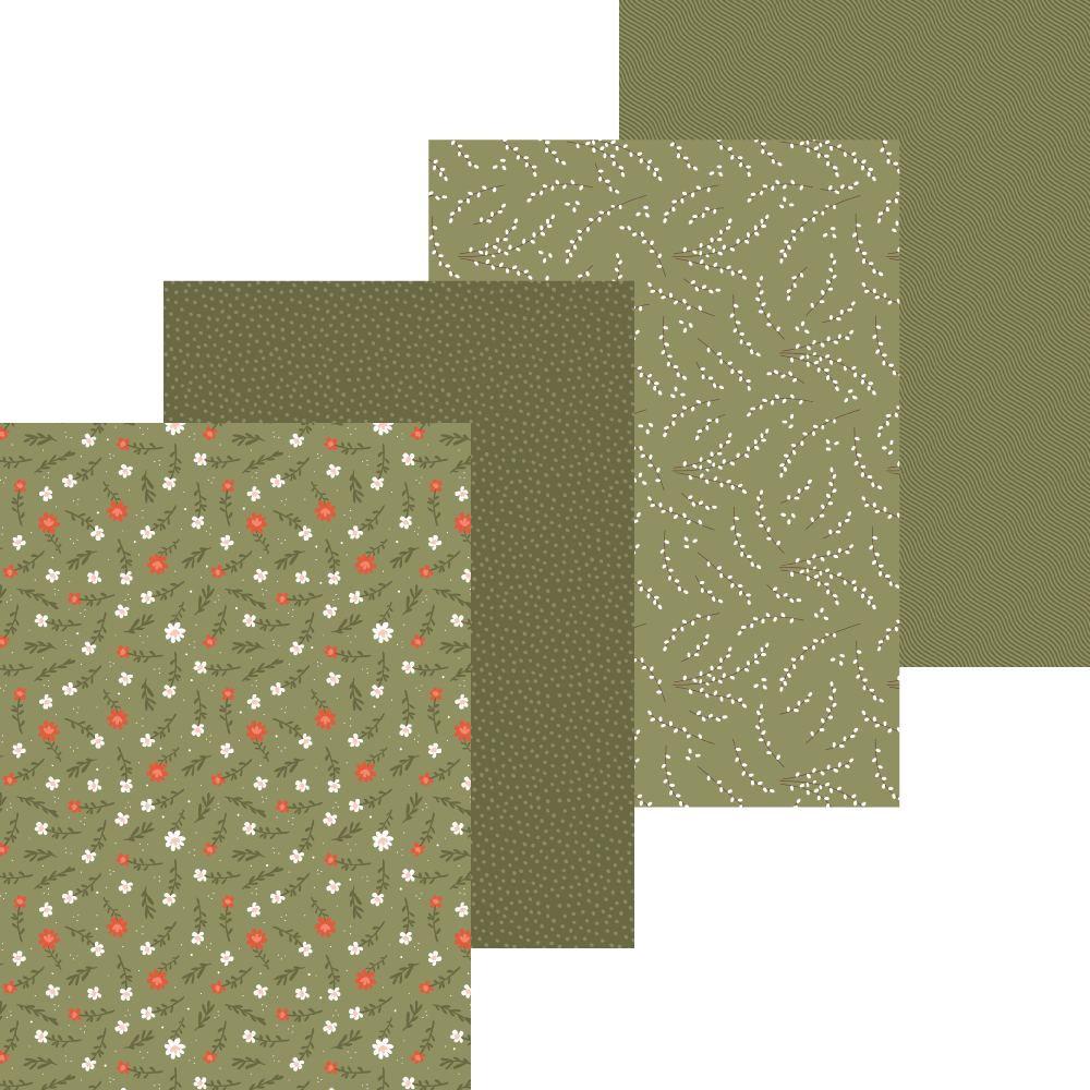 Set of green patterned paper sheets on a white background