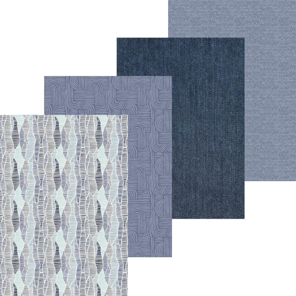 Collection of blue textured paper sheets with geometric patterns on a white background