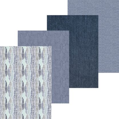 Collection of blue textured paper sheets with geometric patterns on a white background