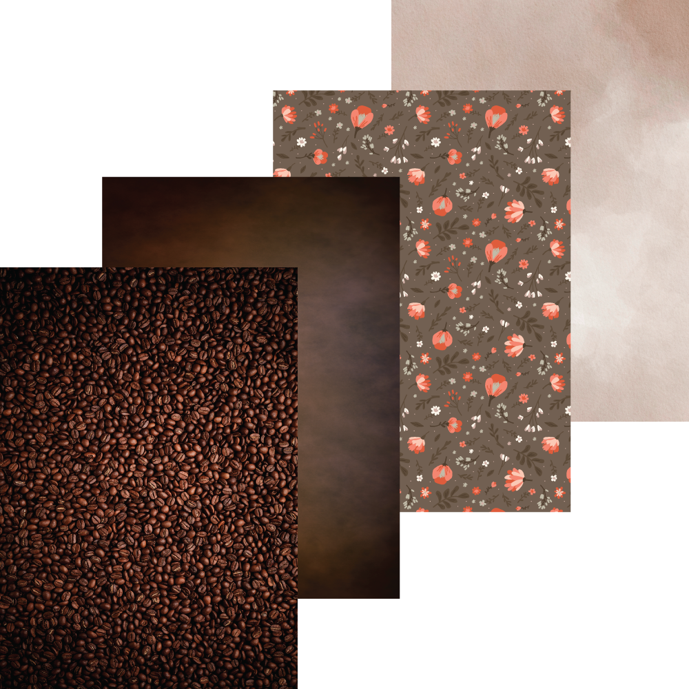 Collage of coffee beans, dark brown color swatch, and floral pattern on a neutral background