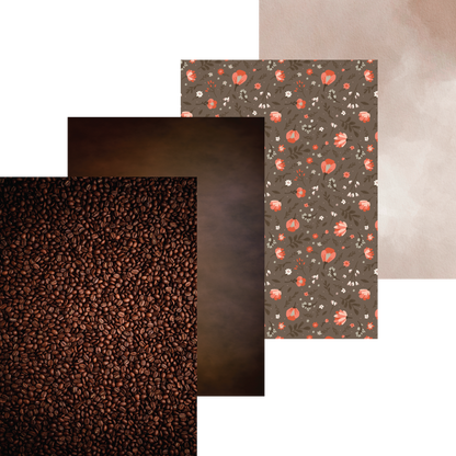 Collage of coffee beans, dark brown color swatch, and floral pattern on a neutral background