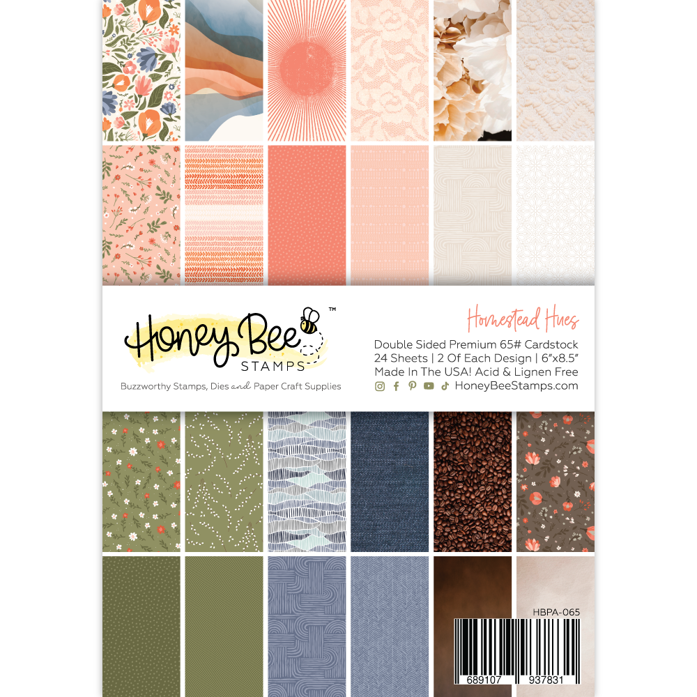 Honey Bee Stamps cardstock pack with various patterns and colors on a white background