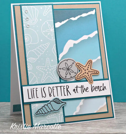 Card with beach-themed design and 'Life is better at the beach' text on a teal background