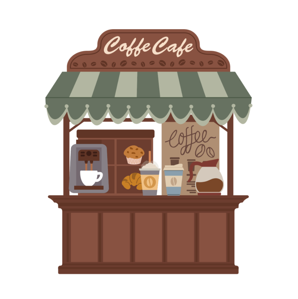 Illustration of a coffee shop with an awning and various items on display.