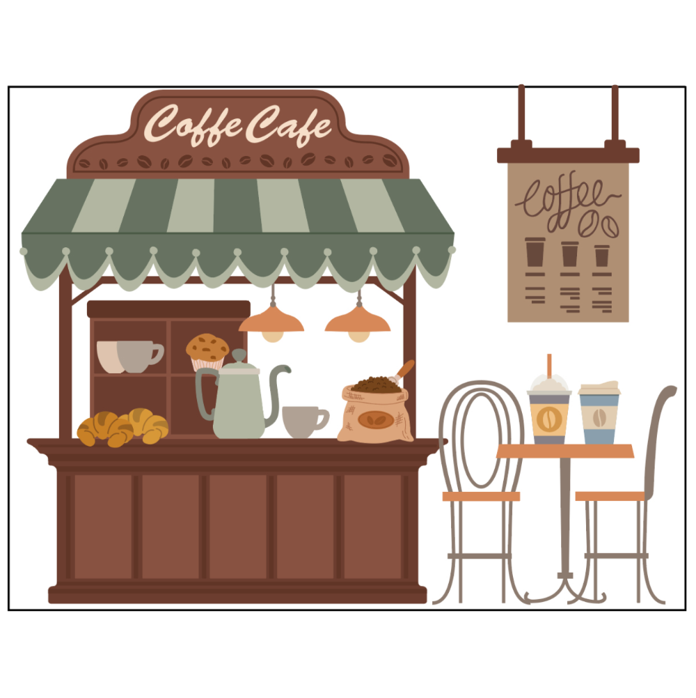 Illustration of a coffee shop with an awning and various items on display.