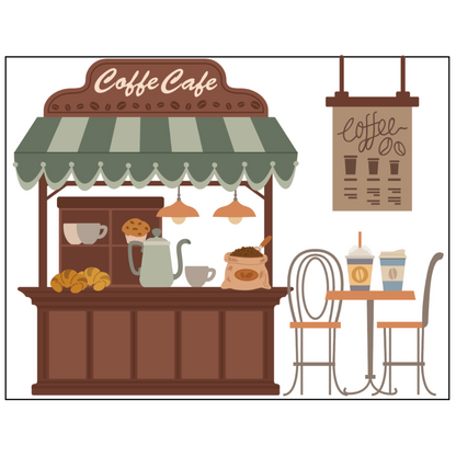 Illustration of a coffee shop with an awning and various items on display.