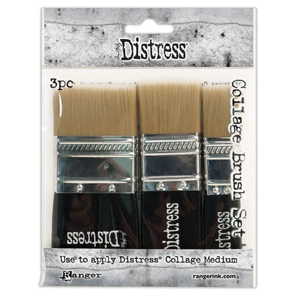 Packaged set of three collage brushes with 'Distress' branding on a gray background.