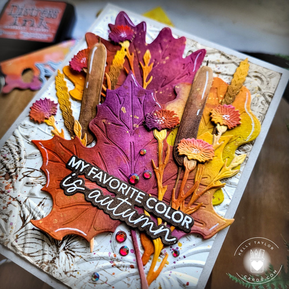 Autumn-themed card with colorful leaves and text on a textured background