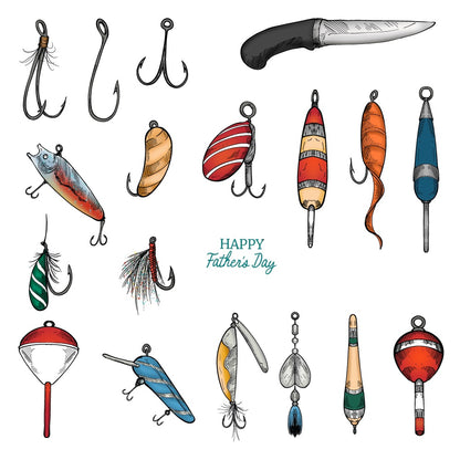 Collection of fishing lures and a knife with 'Happy Father's Day' text on a white background.