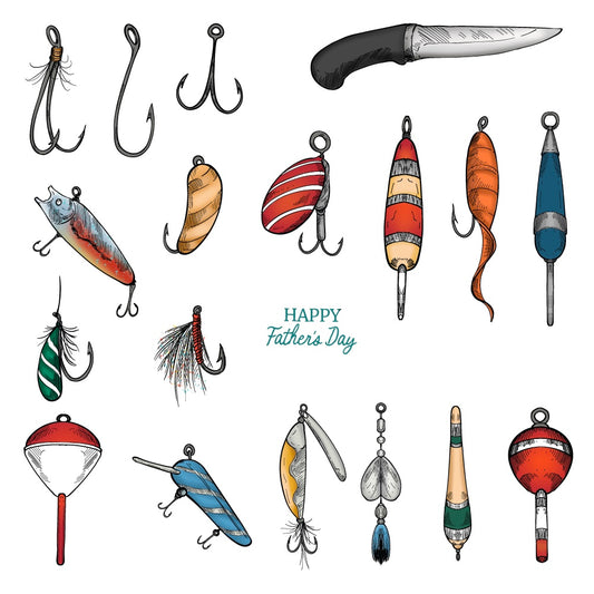 Collection of fishing lures and a knife with 'Happy Father's Day' text on a white background.