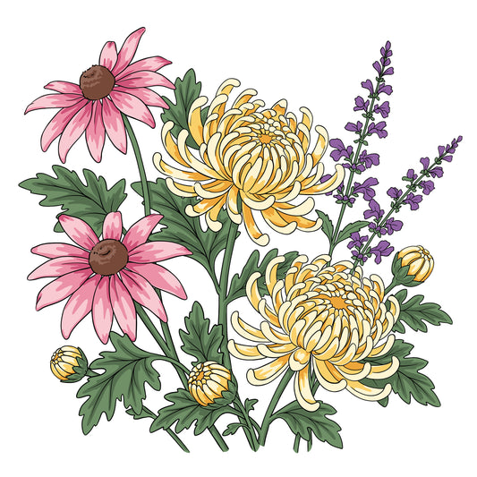 Illustrated floral arrangement featuring pink and yellow chrysanthemums with green leaves and purple sprigs on a white background.