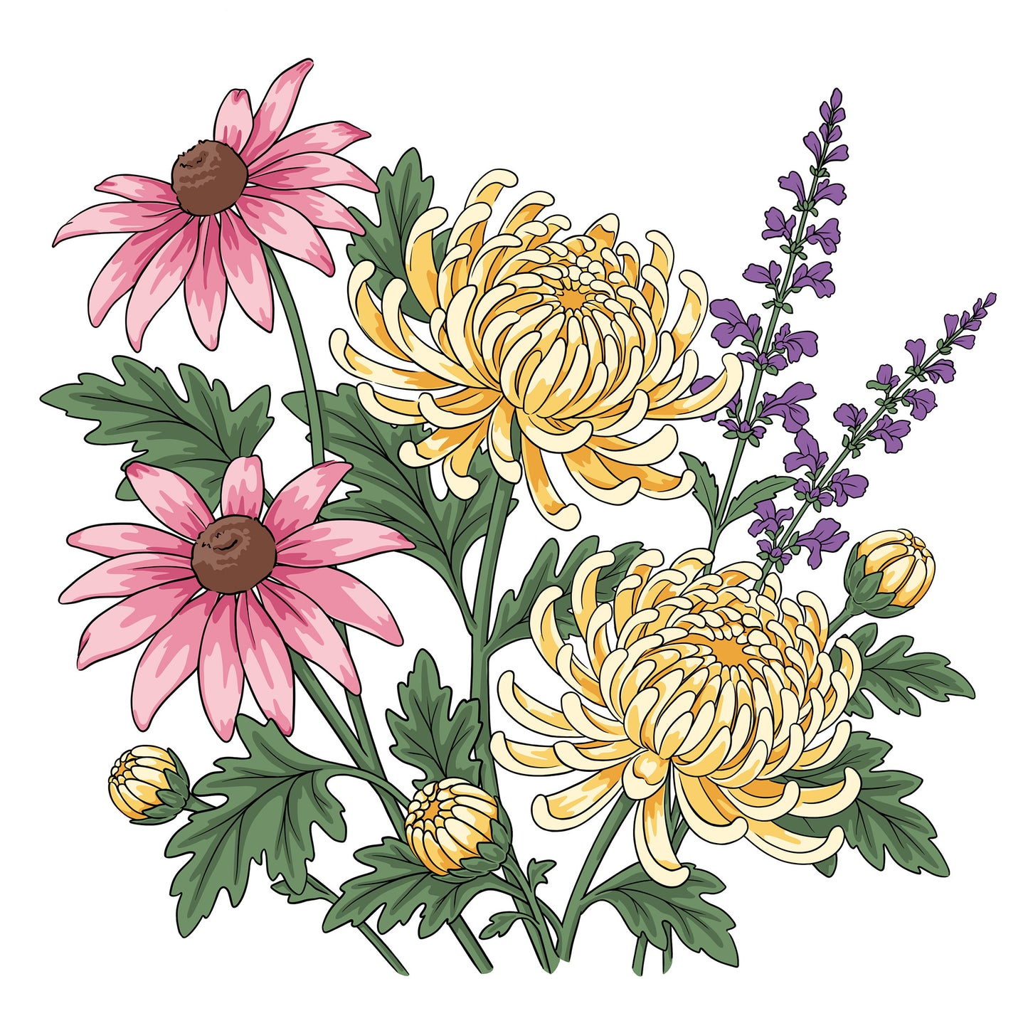 Illustrated floral arrangement featuring pink and yellow chrysanthemums with green leaves and purple sprigs on a white background.