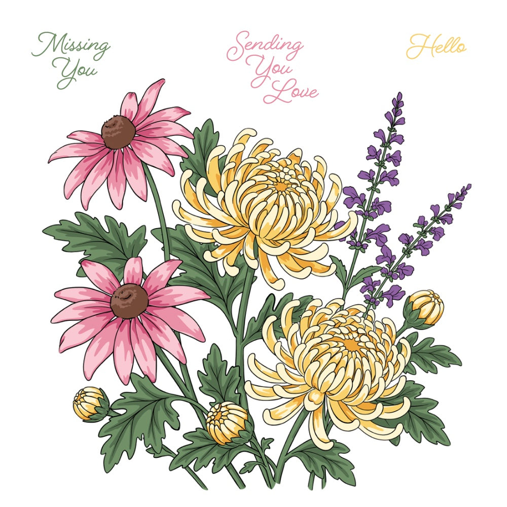 A floral illustration on a white background featuring pink and yellow flowers, green leaves, and small purple sprigs, with the words 'Missing You,' 'Sending You Love,' and 'Hello' in cursive at the top.