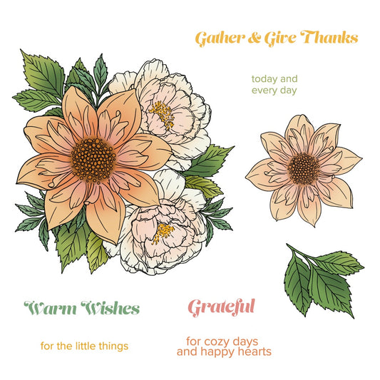 A floral graphic design on a white background with illustrated flowers, leaves, and inspirational text. The design includes a large peach and white flower cluster with green leaves on the left, a smaller peach flower on the right, and text reading 'Gather & Give Thanks,' 'today and every day,' 'Warm Wishes for the little things,' and 'Grateful for cozy days and happy hearts.
