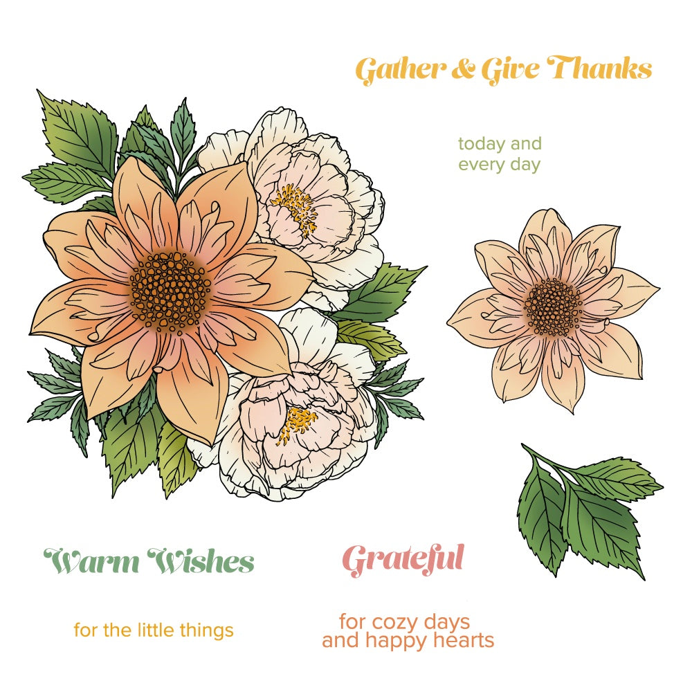 A floral graphic design on a white background with illustrated flowers, leaves, and inspirational text. The design includes a large peach and white flower cluster with green leaves on the left, a smaller peach flower on the right, and text reading 'Gather & Give Thanks,' 'today and every day,' 'Warm Wishes for the little things,' and 'Grateful for cozy days and happy hearts.
