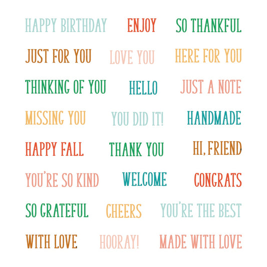 A grid of colorful text phrases on a white background, including birthday, thank you, welcome, congratulations, and friendship greetings in pastel blue, orange, green, and peach tones.