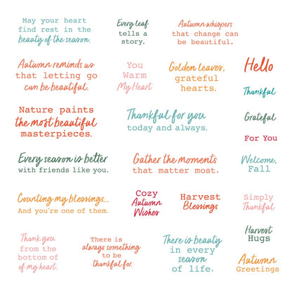 A square graphic print featuring multiple pairs of autumn-themed words and phrases in different pastel colors, including orange, teal, pink, and brown, arranged in a grid on a white background.