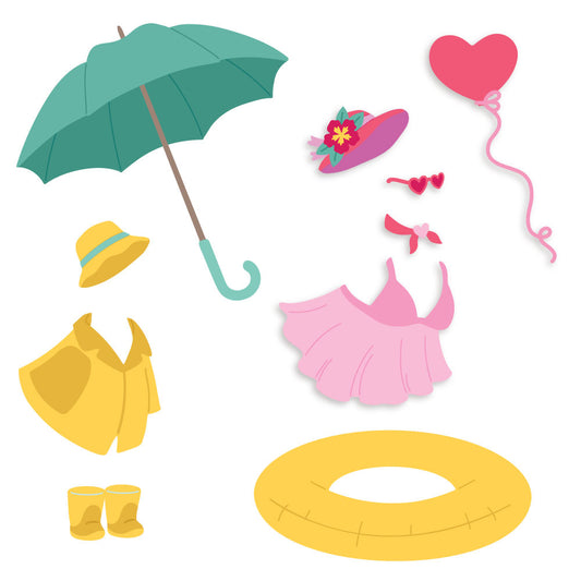 Porch Goose Closet: Spring dies by Honey Bee Stamps, die-cut umbrella, raincoat, boots, hats, swimsuit, float and balloon
