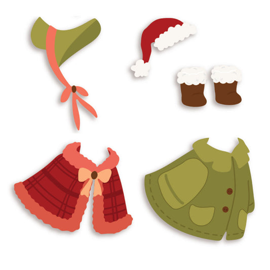 Porch Goose Closet: Winter dies by Honey Bee Stamps, die-cut bonnet, Santa hat, fur-trimmed boots, plaid capelet and coat