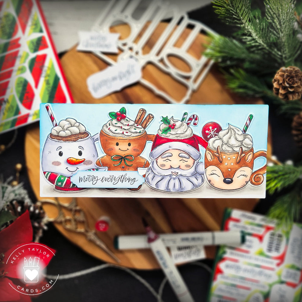 Christmas-themed card with cartoon characters and text on a decorative background
