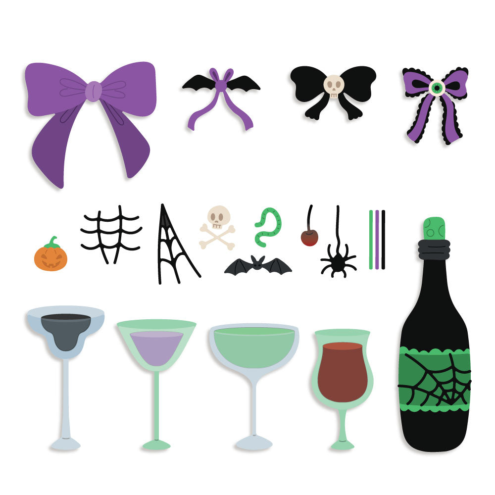A set of Halloween-themed flat illustrations on a white background, including purple and black bows, spiderwebs, a skull and crossbones, bats, a green snake, a jack-o'-lantern, cocktail glasses, and a black bottle with a green spiderweb label.