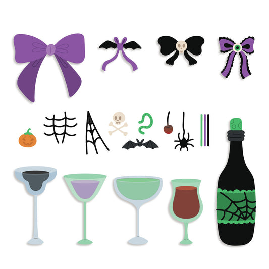 A set of Halloween-themed flat illustrations on a white background, including purple and black bows, spiderwebs, a skull and crossbones, bats, a green snake, a jack-o'-lantern, cocktail glasses, and a black bottle with a green spiderweb label.